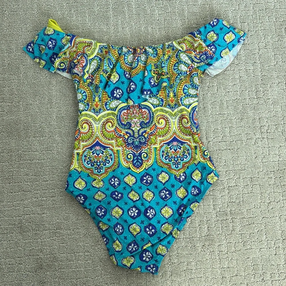 Trina Turk Corsica Off the Shoulder One Piece Swim suit blue green paisley